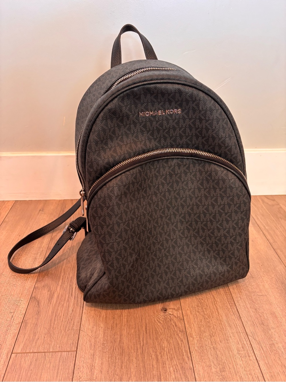 Michael Kors Black Monogram Backpack with Silver-Tone Hardware